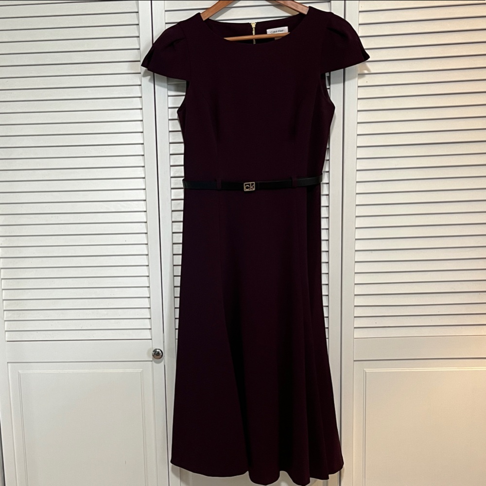 Calvin Klein Burgundy Midi Dress with Belt